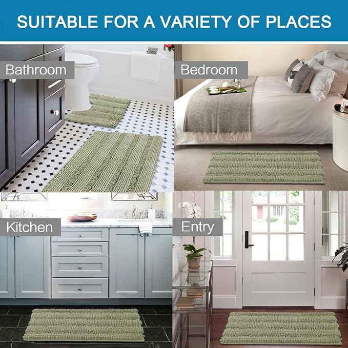 H.VERSAILTEX Bathroom Rug Sets 2 Piece Bath Mats Non Slip Thick Soft Chenille Striped Bath Rug achine Washable Shower Floor Rugs for Tub, Shower and Floor (Eucalyptus Green, 36"x24" Plus 20"x24" U)