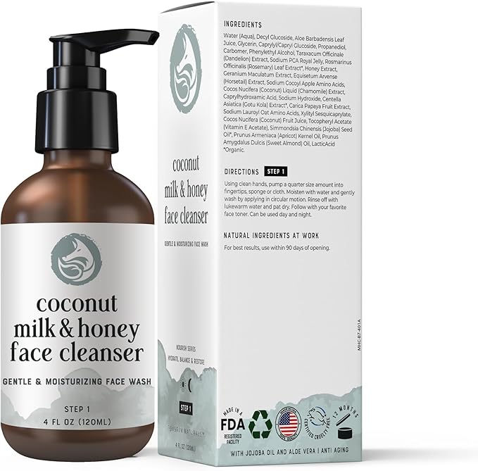 Coconut Milk & Honey Face Wash 4 fl oz – Gentle Hydrating Cleanser for Sensitive to Dry Skin | Fragrance-Free, Non-Drying Formula with Aloe & Jojoba | Ideal for Redness, Dryness & Daily Makeup Removal