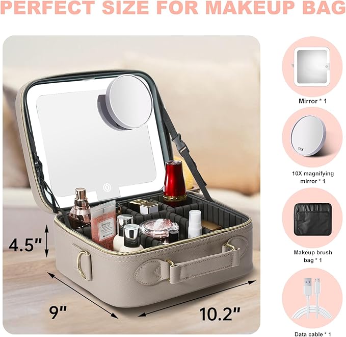 Mocado Travel Makeup Bag with LED Lighted Mirror,Travel Makeup Organizer,Makeup Case with 3 Color Lighted Setting and 10x Magnifying Mirror,Portable Storage and Adjustable Dividers Makeup Box(Grey)