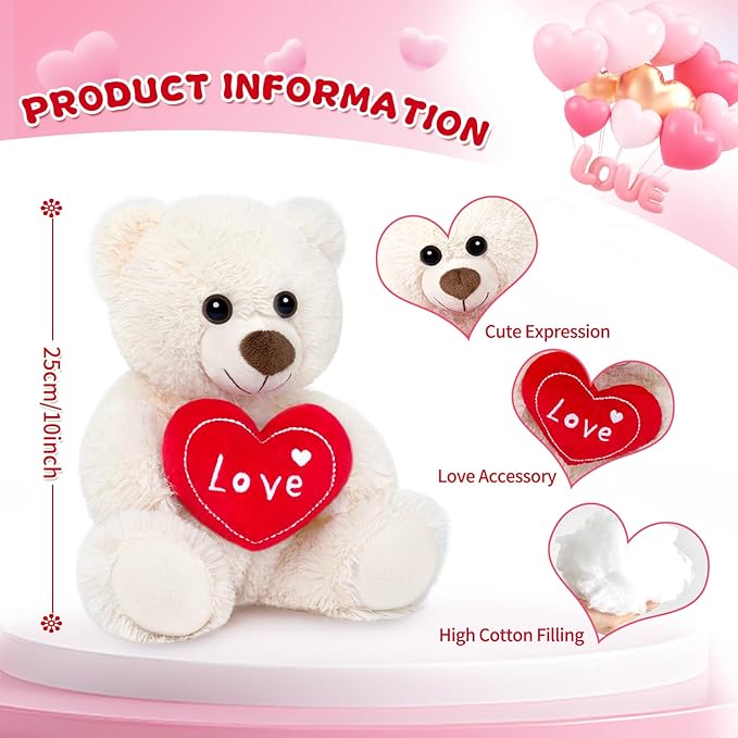 Small Teddy Bear Cute Soft Stuffed Animal Plush Toy I Love You Bears Holding Red Heart for Baby Shower Kids Girls Girlfriend Christmas Valentine's Day, Wedding, Anniversary, Birthday, White