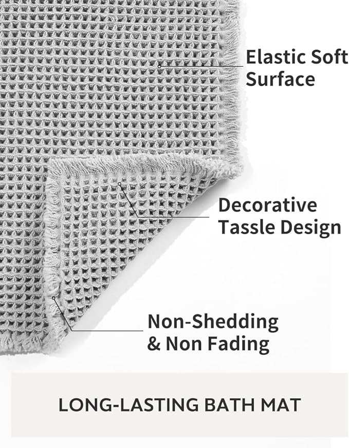 tchdio Waffle Bath Mat Rug, Super Absorbent Non Slip Bath Mats for Bathroom Mat Ultra Soft Bathmat Machine Washable Bathroom Rugs with Tassels, Bath Rugs Beside Tub, 18" x 30"