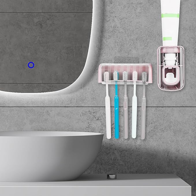 5 Slots Wall Mount Toothbrush Holder with Cover, Self Adhesive Toothbrush Storage Organizer for Shower, Toothbrush Hanger with Automatic Toothpaste Squeezer Dispenser (Pink)