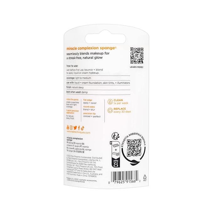 Real Techniques Miracle Complexion Sponge, Makeup Blending Sponge, For Liquid & Cream Foundation, Offers Light To Medium Coverage, Natural, Dewy Makeup, Orange Sponge, Latex-Free Foam, 1 Count