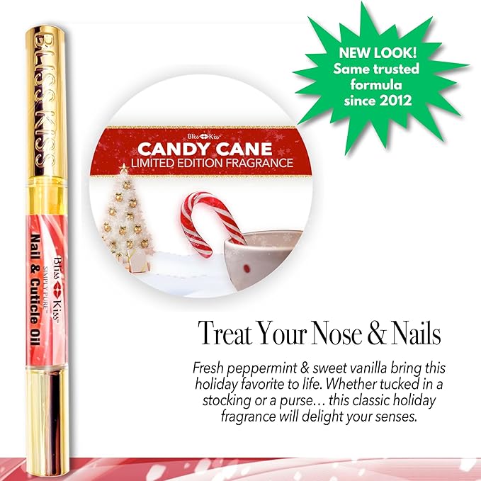 Bliss Kiss | 1 Candy Cane Fragrance | Nail Oil Cuticle Pen w/Vitamin E & Jojoba⏤Nail Strengthener Nail Growth Serum for Brittle Peeling Breaking Thin Nails