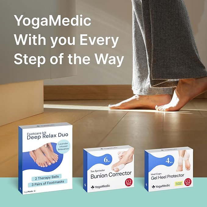 YOGAMEDIC Foot Care Kit - 3 Hydrating & Exfoliating Foot Masks for Dry Feet & 2 Cork Massage Balls for Relaxation