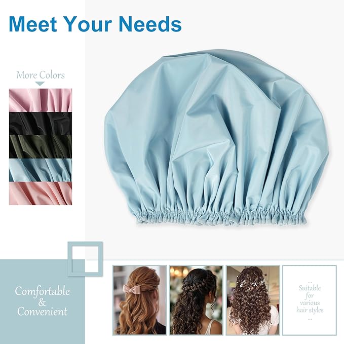 Shower Cap for Women, Double Layer Waterproof Bath Cap, Reusable Hair Protector, Large Waterproof Shower Bonnet Washable Elastic Band Bath Hair Hat for Long Hair, Braids, - Blue