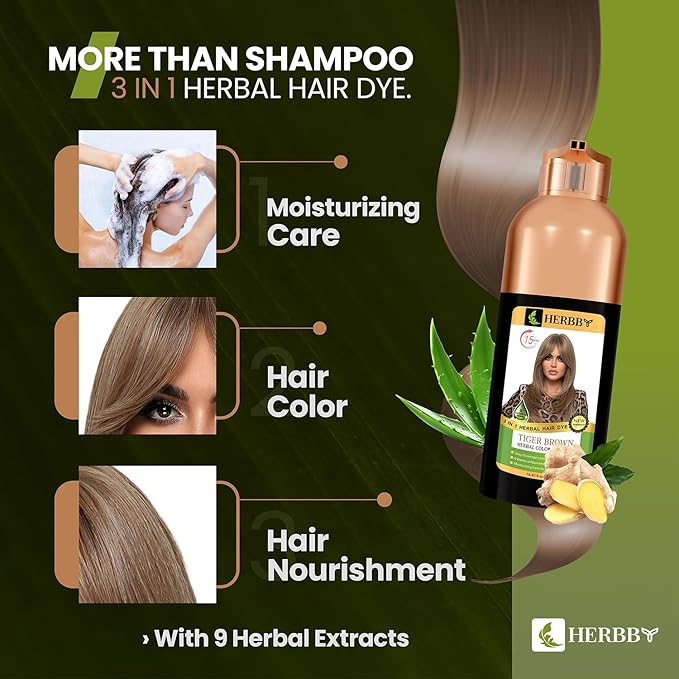 HERBBY Hair Color Shampoo for Gray Hair Coverage&Color Transform with 9 Herbal Extracts –Long Lasting(6-8 Weeks),Shiny,Evenly Colored,Instant Hair Dye Shampoo&Conditioner, 500 Ml (TIGER BROWN COLOR)
