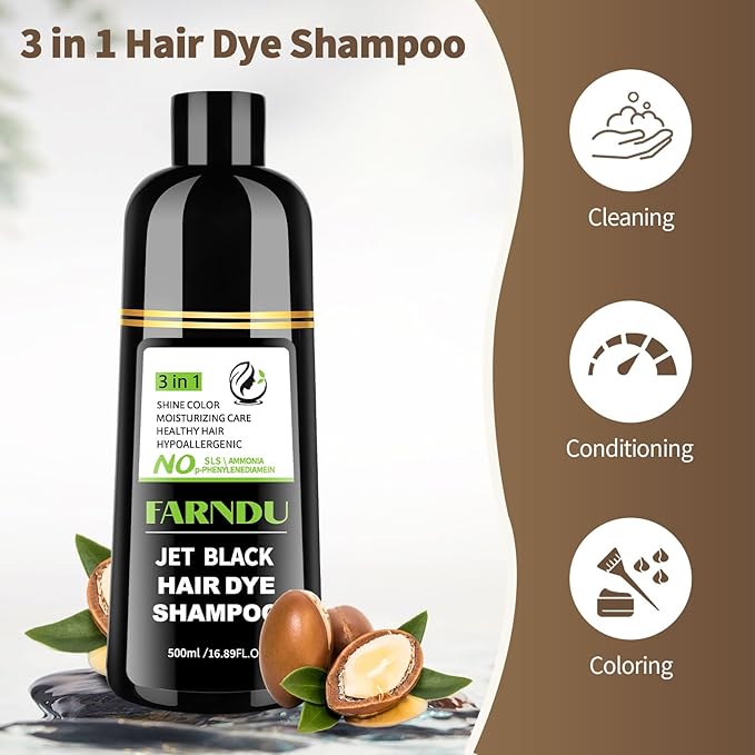 Jet Black Hair Dye Shampoo Ammonia-free & PPD-free, Gray Hair Coverage Natural Herbal 3 in 1 Hair Color Shampoo for Women Men