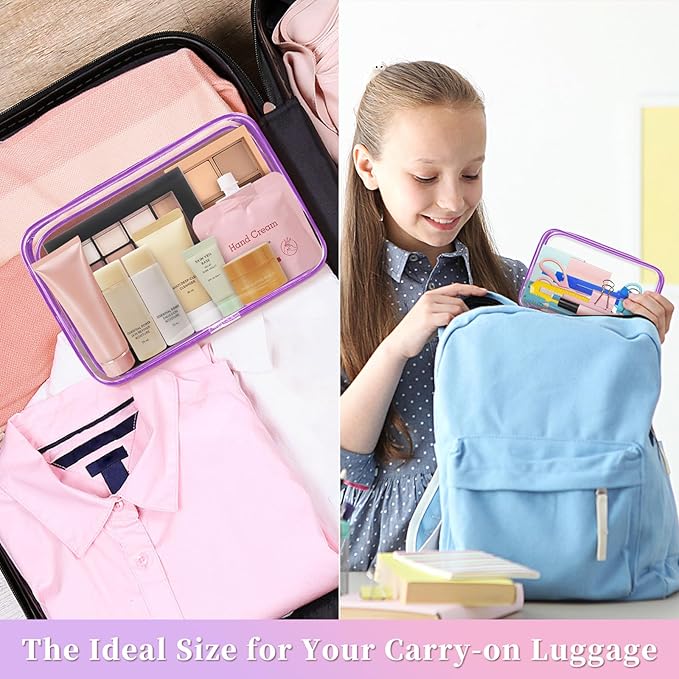 TISRATOK 12 PCS Clear Makeup Bag for Women with Zipper, TSA Approved Toiletry Pouch, Cosmetic Bag Bulk for Travel Organizer Essentials - Purple, Medium