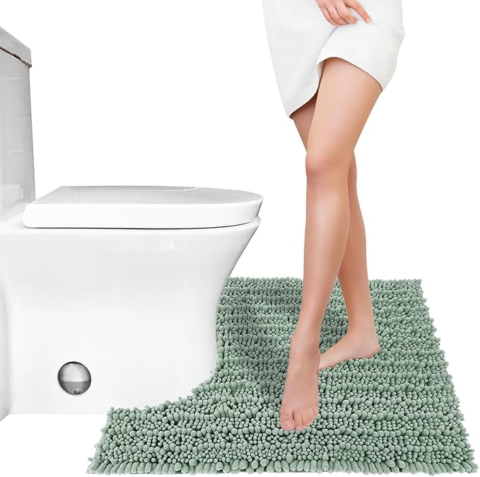 Yimobra Toilet Rug U Shaped Washable 24x20 Inch - Ultra Soft Absorbent Chenille Bath Rugs for Toilet, Quick Dry & Machine Washable, Non Slip Contour Bathroom Mat, Green