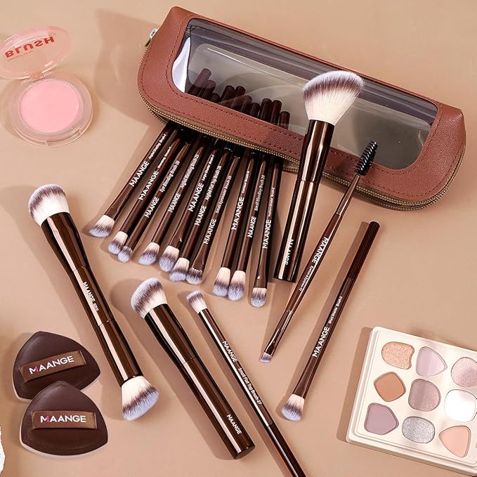 MAANGE Makeup Brush Set 19 PCS Travel Makeup Brushes Eyeshaowder Powder Concealers Foundation Professional Make Up Brush Set with Case (Coffee)