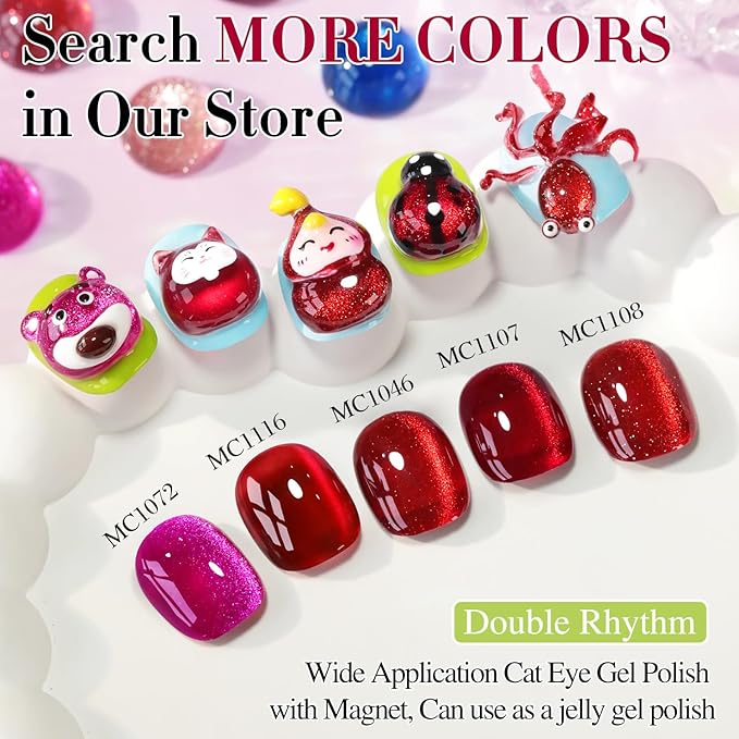 Double Rhythm 0.5 OZ Cat Eye Gel Polish with Magnet 15ML Holographic Glitter Shimmer Translucent Jelly Color Magnetic Nail Polish Salon DIY at Home (Blood Red-MC1046)