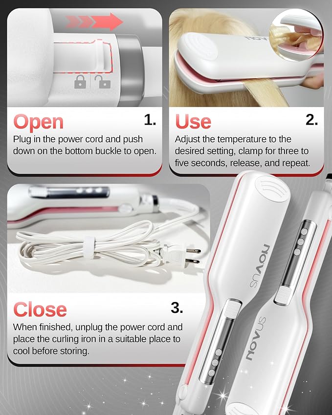 NOVUS Hair Crimper Waves and 4-Barrel Wave Curling Iron, Shallow Wave Hair Curlers Hot Tool with Ceramic, 0.6 Inch Beach Waves Curling Wand, Hair-Type Adjustable Heat