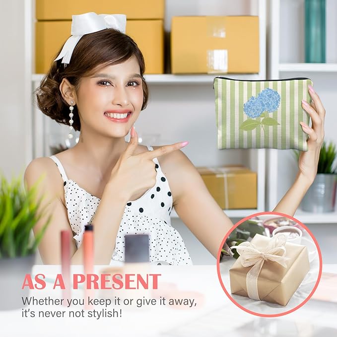 Blue Hydrangea Floral Makeup Bag for Women, Cottagecore Botanical Blue Flower Green Striped Cosmetic Bag for Purse, Floral Makeup Zipper Pouch