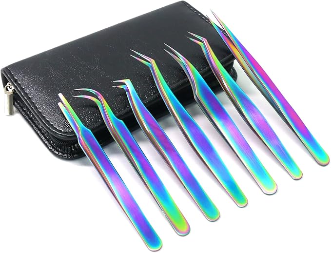 Eyelash Extension Tweezers Set, Fangze 7 Pcs Lash Kit Rainbow Stainless Steel Straight and Curved Tweezer for Nail Art Ingrown Hair Craft