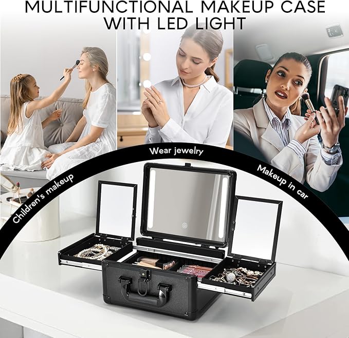 Makeup Case With LED Lighted Mirror 11.2 Inch Travel Makeup Train Case Adjustable Brightness in 3 Colors Cosmetic Organizer Artist Storage Box 2 Trays with Dividers Hard Make Up Vanity Black