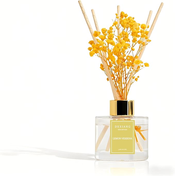 Reed Diffuser Set - 3.38 fl oz Lemon Verbena Premium Scented Oil with Preserved Baby's Breath & Cotton 6 Sticks | Long-Lasting Aromatherapy for Home, Bedroom, Bathroom, Office Home Decor