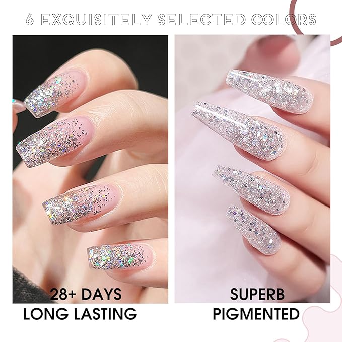 VENALISA Glitter Gel Nail Polish Set, 6 Colors Chrome Platinum Glitter, Sparkly Silver Gold UV Gel Soak Off For Nail Salon DIY Home Manicure