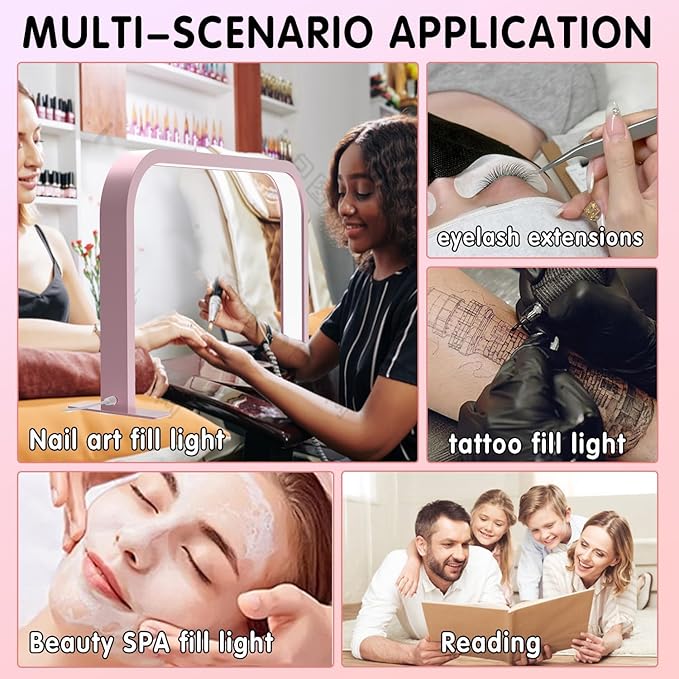 Half Moon Nail Desk Lamp, 45W LED Nail Tech Desk Light with Phone Holder, Half Moon Nail Light 3000-6000K Adjustable Brightness, Nail Table Arch Lamp, for Manicure Lash Eyelas (Pink), YY111