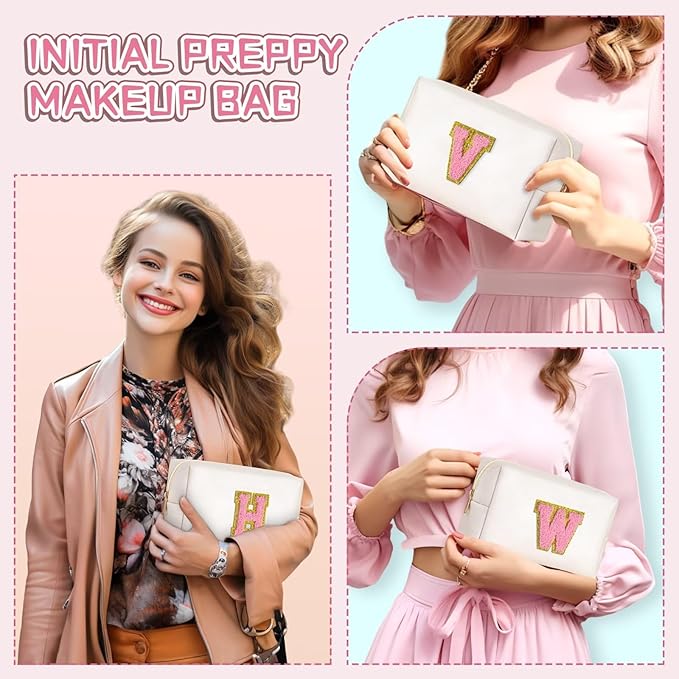 TOPEAST Cosmetic Travel Bags for Women, Preppy Small Makeup Bag, PU Leather Waterproof Toiletry Bag, Unique Friendship Gifts for Friends Coworker, Cute Stuff for Girls (Pearly White R)