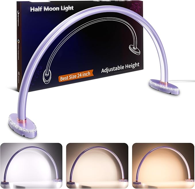 Large Half Moon Light for Nail Desk, Stepless Dimmable Lamp for Nails Table, 3 Color Temperature 24 inch Purple Led Nail tech Desk lamp for Manicure Sculpture Handi Crafts Lighting