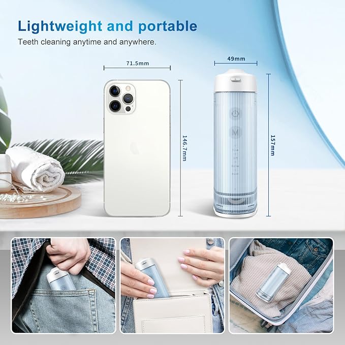 Mini Cordless Portable Water Flosser Oral Irrigator Water Teeth Cleaner Pick, Telescopic Water Tank, 4 Modes & IPX7 Waterproof, Home & Travel Water Flossers for Teeth, Braces Bridges Care.