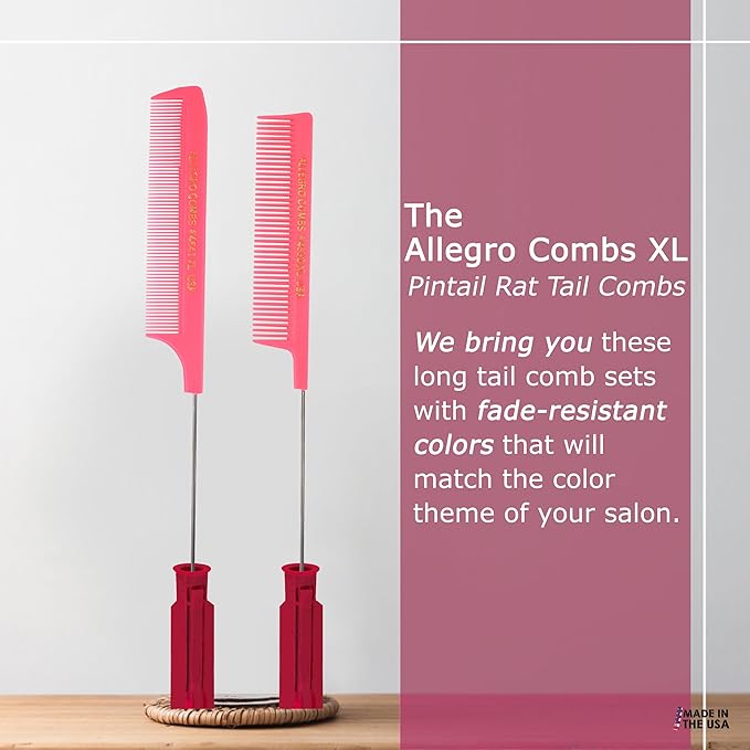 Allegro XL Pintail Rat Tail Parting Combs - Metal Tail Foiling Pin Combs for Stitch Braids - 2 Pc. (Neon Pink)
