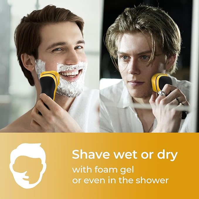 Rechargeable Electric Razor for Men: 3-in-1 Shaver for Beard/Nose/Sideburns - IPX7 Waterproof Travel Kit - Turbo Speed & Precision Blades,Cyber Yellow