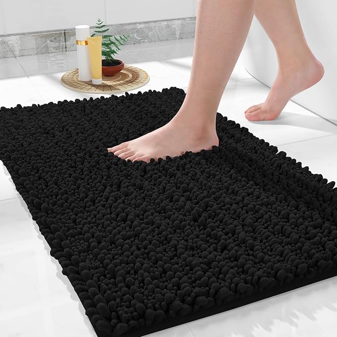 Yimobra Bathroom Rugs Non Slip Washable - Ultra Soft Absorbent Chenille Bath Mat, Quick Dry Shaggy Floor Carpet for Tub Shower, Black Home Decor Accessories, 24x17 Inch