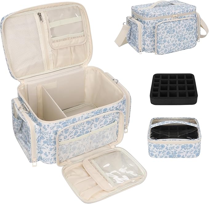 Nail Polish Organizer, Nail Polish Storage Holds 42+ Bottles & Nail Lamp, Portable Travel Nail Kit Storage Carrying Case Fits Nail Suppiles, Gift for Manicurist, Grils - Blue Flower