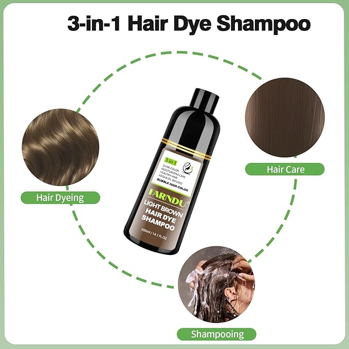 FARNDU Light Brown Hair Dye Shampoo 3 in 1 with Argan Oil – 10-15 Min Gray Coverage, Natural Instant Hair Color Shampoo for Women and Men, Long-Lasting Up to 6 Months, Ideal Christmas Gifts