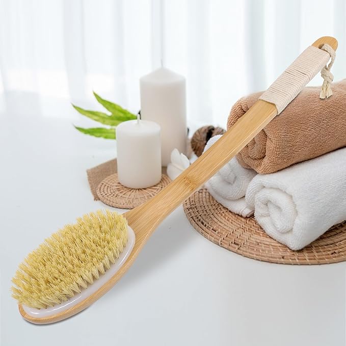 OWIIZI Back Scrubber Brush for Shower,Curved Extra Long Handle Bamboo Stiff Bristle Body Brush for Exfoliating,Natural Agave Stiff Sisal Shower Scrubber for Back Use Wet or Dry-17.9inches