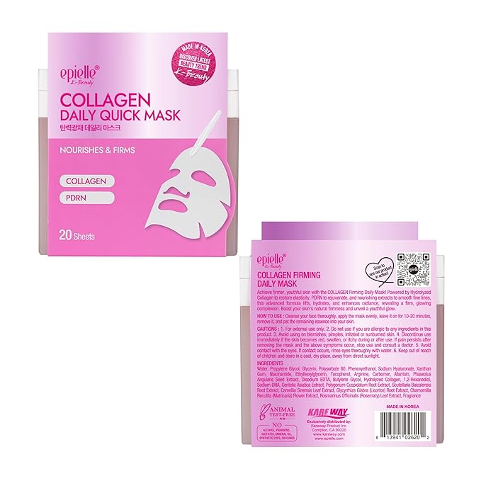 Epielle Collagen Korean Face Masks 20 Pack - Anti Aging Sheet Masks with Hyaluronic Acid for Hydrating & Plumping Skin, Thanksgiving Essentials & Stocking Stuffers for Women