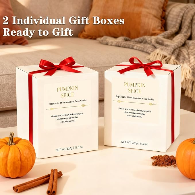 Fall Candle Gift Set โ2 Pack Wood Wick Pumpkin Spice Scented Candles,22.6 oz Natural Soy Wax Candles with Gift Box,Long Lasting Autumn Candles for Home Decor,Thanksgiving & Halloween Gifts for Women