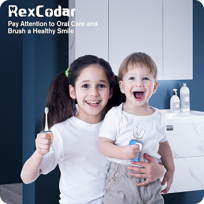 RexCodar Ultrasonic Kid's U-Shaped Electric Toothbrush, IPX7 Waterproof, Five Cleaning Modes, 60S Smart Reminder (Navy Blue, Ages 6-12)