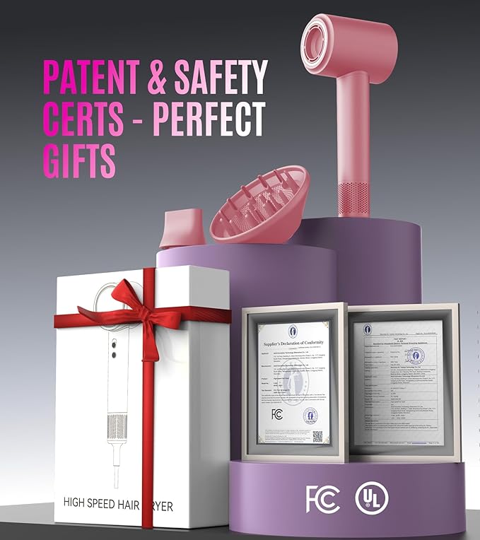 16W RPM High-Speed Hair Dryer for Fast Drying, Quiet lonic Blow Dryer with Frizz Control & No Heat Damage, Lightweight Travel Hair Dryer with Magnetic Nozzles for Curly & Straight Hair (Pink)