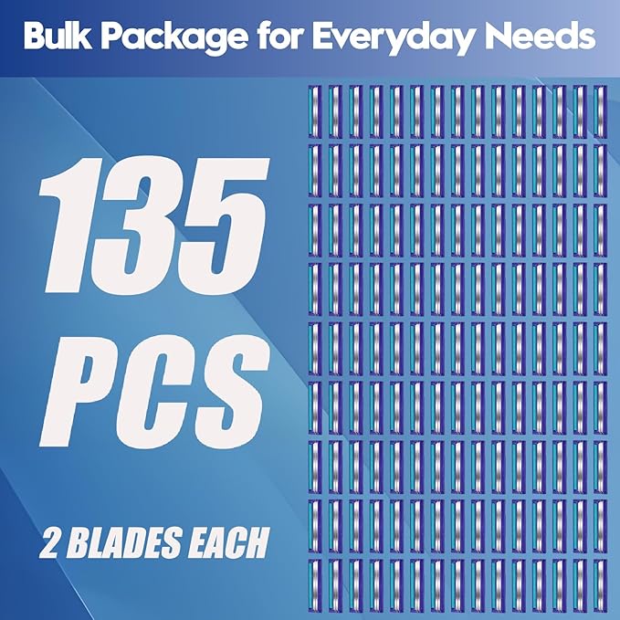 Twin Blade Disposable Razors for Men & Women – 135 Pack Bulk Stainless Steel Shavers with Lubricating Strip & Safety Cap, Non-Slip Handle for Sensitive Skin, Travel, Hotel, Charity (Blue)