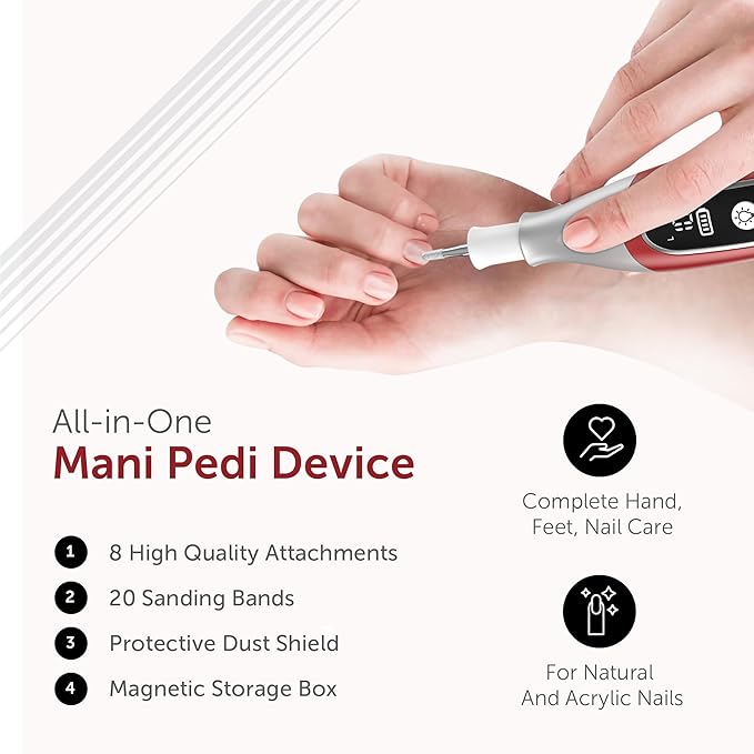 PediLux Pro Professional Manicure Pedicure Kit, Cordless Electric Nail File Drill Set, Thick Toenail Grinder, Toe Nail Dremel Tools, Filer, Buffer, Sander, Remove Cuticles, Callus for Women & Men