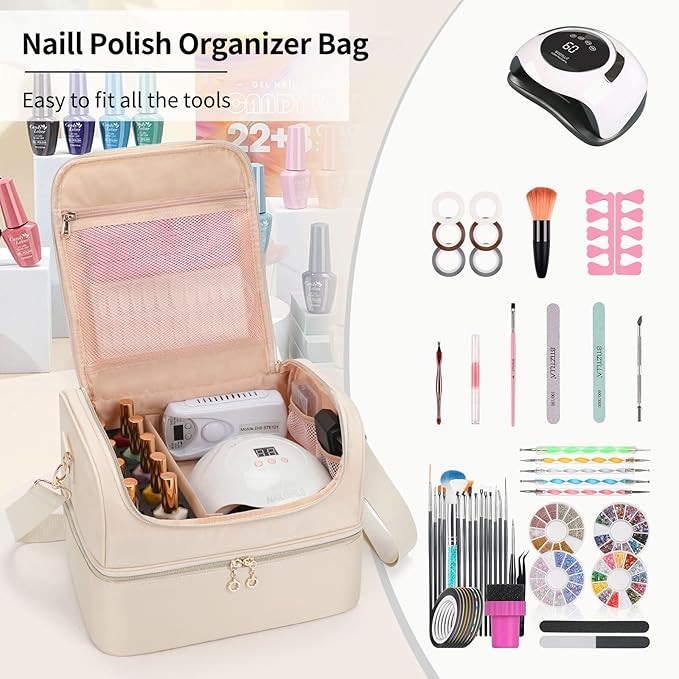 CUBETASTIC Nail Polish Organizer, Portable Nail Polish Storage Case Holds 45 Bottles Nail Polish & Nail Lamp, Travel Nail Supplies Organizer for Nail Tech Kit & Manicure Tools (White, 45 Slots)