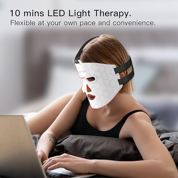 Red Light Therapy for Face, LED Face Mask Infrared Light Anti-Aging, 3 Modes for Blue & Yellow LED for Home, Yoga, Skincare, 2500mAh Rechargeable Remote Control, Adjustable Straps, Silicone