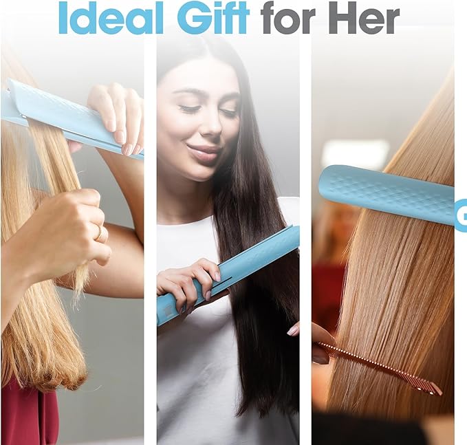 Quico Hair Straightener, 110-240V Global Travel Hair Straighteners for Women, 15s Fast Heating, Professional Negative Ion Flat Iron, Temp Memory, 320β-450β, Auto-Off, with Glove and Clips, Gift, Blue