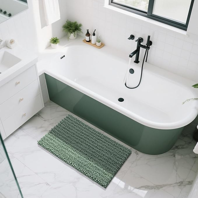 Yimobra Large Bathroom Rugs Non Slip Washable 36x24 Inch - Ultra Soft Absorbent Chenille Bath Mat, Quick Dry Shaggy Floor Carpet for Tub Shower, Green Home Decor Accessories