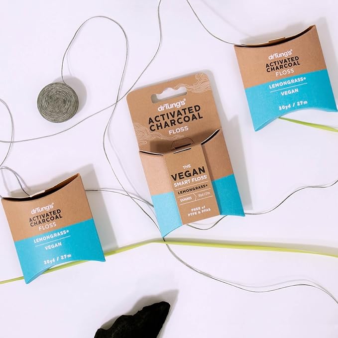 DrTung's Vegan Activated Charcoal Floss - Natural Dental Floss, PTFE & PFAS Free, Gentle on Gums, Expands & Stretches, BPA Free - Lemongrass Flavor (Pack of 2)