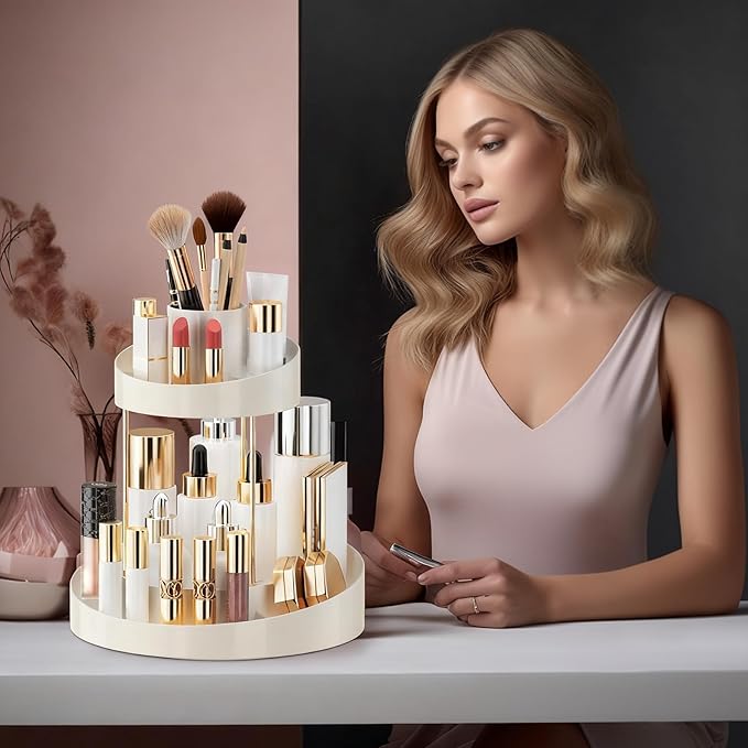 2 tier Makeup Organizer Countertop,360 Rotating Makeup Organizer for Skincare, Lipstick and Perfumes,Multi-function Cosmetic Display Cases for Vanity,Bathroom,White