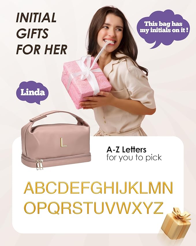 Travel Gifts Initial Cosmetic Bags Personalized Bags with Handle, Double Layer Makeup Bag, Large Capacity PU Leather Makeup Bags Letter Travel Toiletry Bag with Makeup Brush Organizer