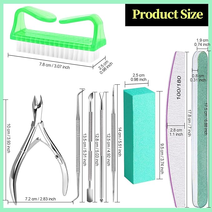 FANDAMEI Nail Tools, Nail Care Kit, Nail Files 100/180, Nail Buffer Block, Cuticle Nippers, Cuticle Pusher, Cuticle Peeler, Nail Lifter for Ingrown Toenails, Toenail File, Manicure Kit, Green