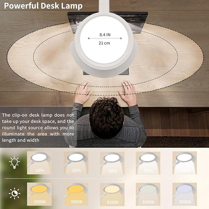 30" LED Desk Lamp with clamp,8.4" Ring Lights Natural Light Protects Eyes Dimmable Office Lamp with 25 Lighting&1500lum, Night Light and Memory Function,Monitor,Study,Work,Nail | White