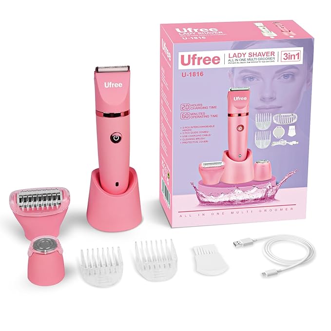 Ufree Bikini Trimmer Electric Razors for Women, Rechargeable Pubic Hair Trimmer Electric Shaver for Legs Body Hair, Bikini Shaver IPX7 Waterproof, Rose Red
