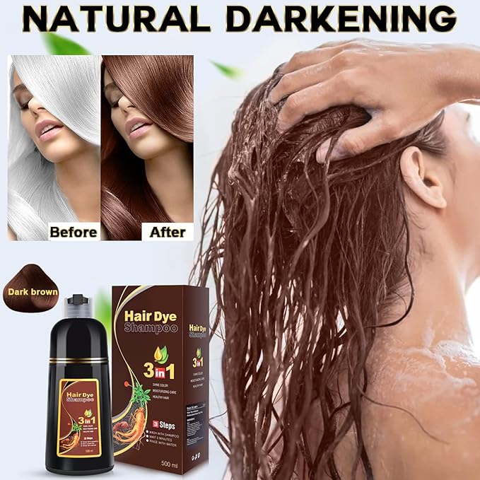 IIIMEIDU Dark Brown Hair Dye Shampoo for Gray Hair, 3 in 1 Herbal Ingredients Natural Shampoo Hair Dye for Women Men, Grey Coverage 500ml