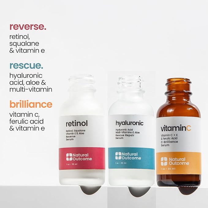 Natural Outcome Hyaluronic Acid, Vitamin C Face Serum and Retinol Facial Serum - Night and Day Anti Aging Facial Serum and Hydrating Serum Set 1 oz Each, Vegan, Cruelty Free & Fragrance Free
